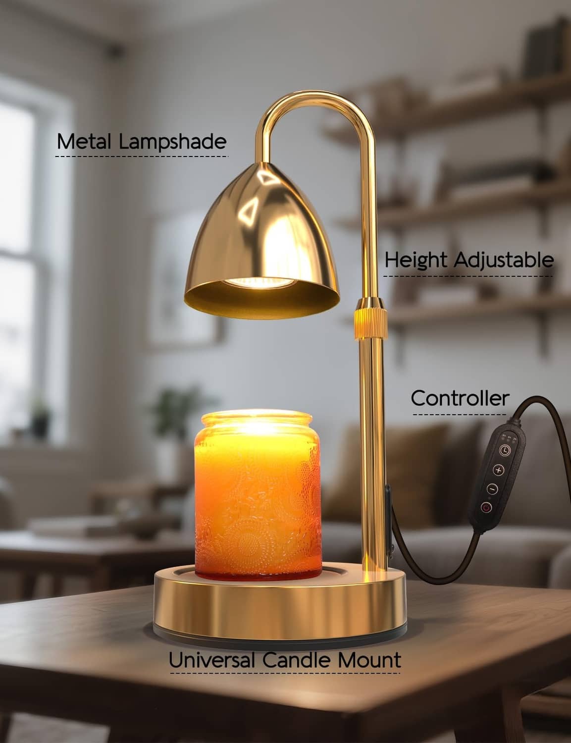 Gold candle warmer lamp with metal lampshade and controller unit, on wooden table