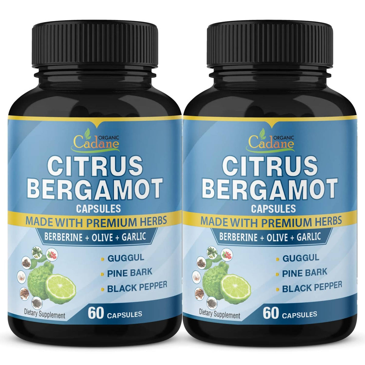 Citrus bergamot capsule bottles, 2-pack of black jars with blue “Citrus Bergamot” labels