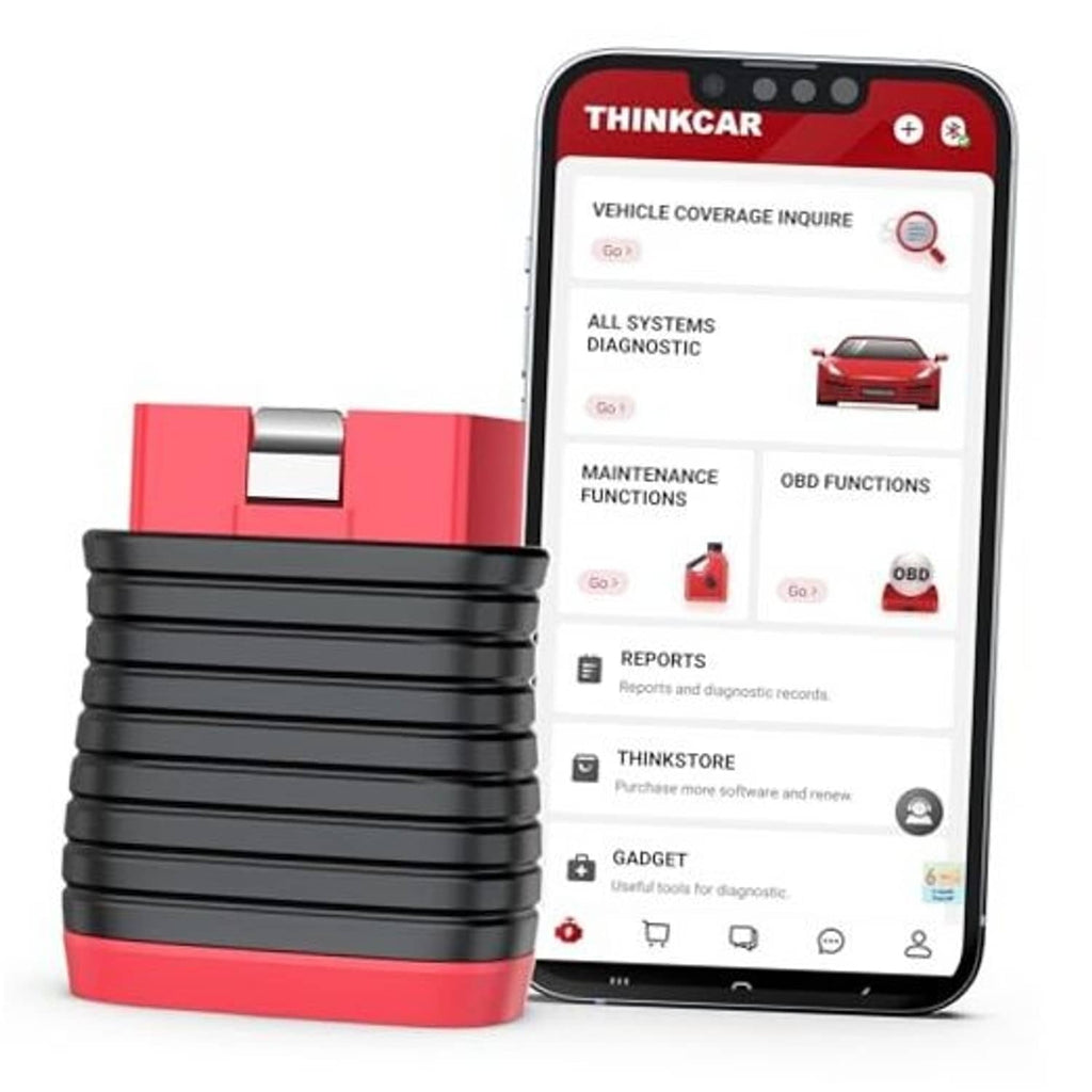 OBD2 code scanner with red-and-black body beside smartphone showing app menu