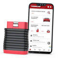 OBD2 code scanner with red-and-black body beside smartphone showing app menu