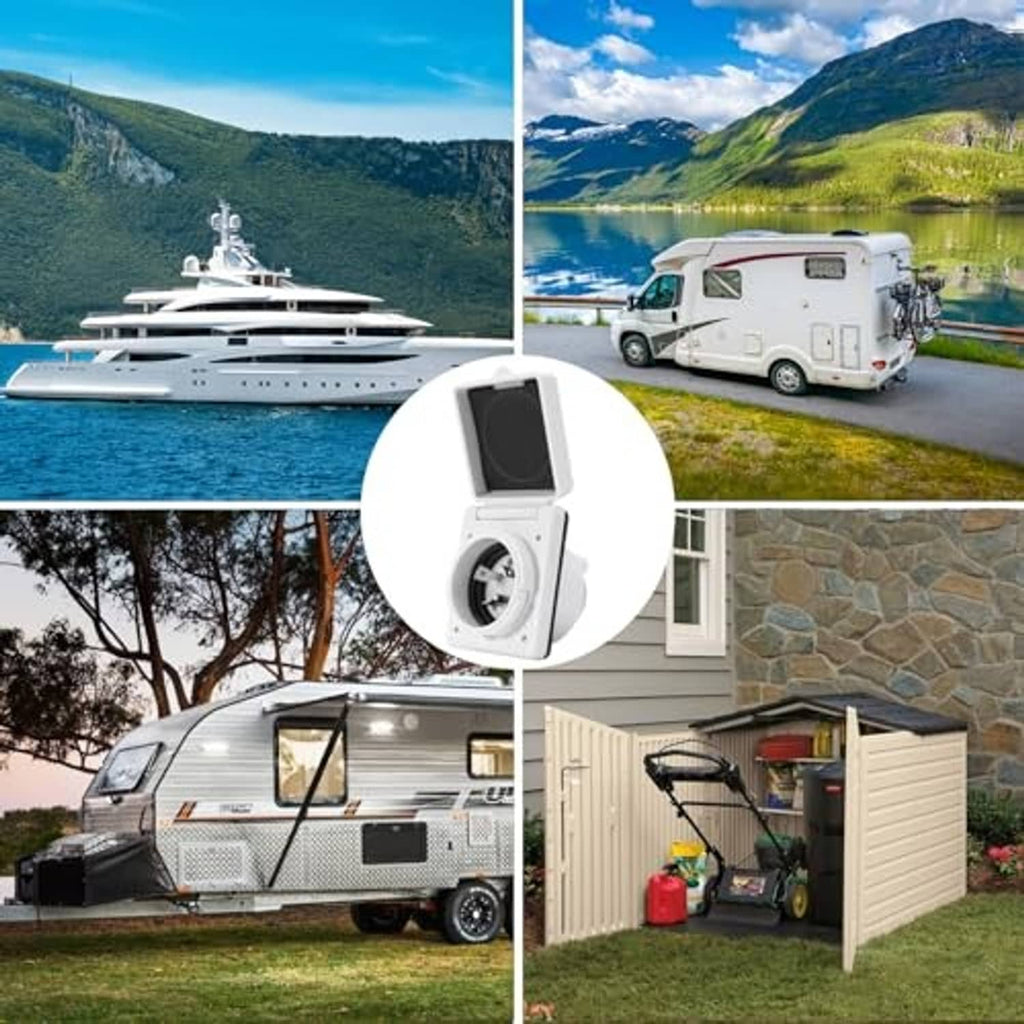 Exterior-mounted white RV power inlet with hinged cover on a vehicle