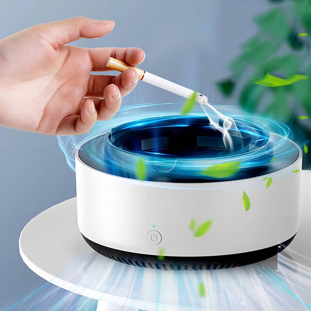 White smokeless ashtray air purifier with lid and rotating fan ring, for cigarette smoke filtering
