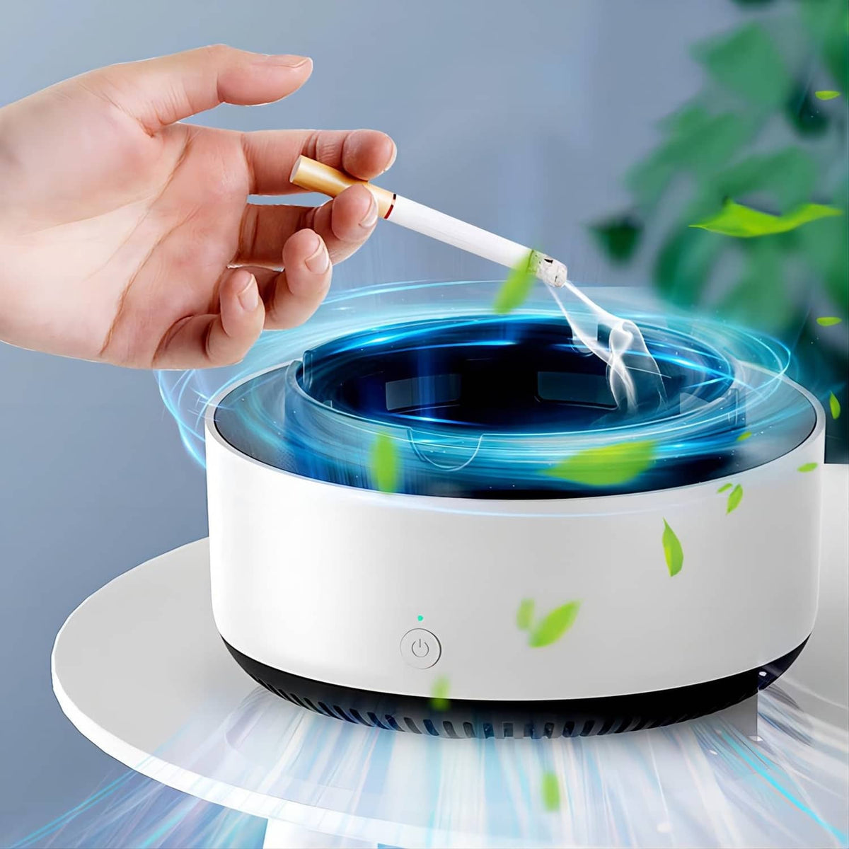 White smokeless ashtray air purifier with lid and rotating fan ring, for cigarette smoke filtering