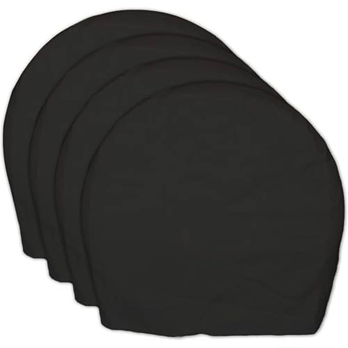 Set of four black RV trailer wheel tire covers, arched half-round fabric caps