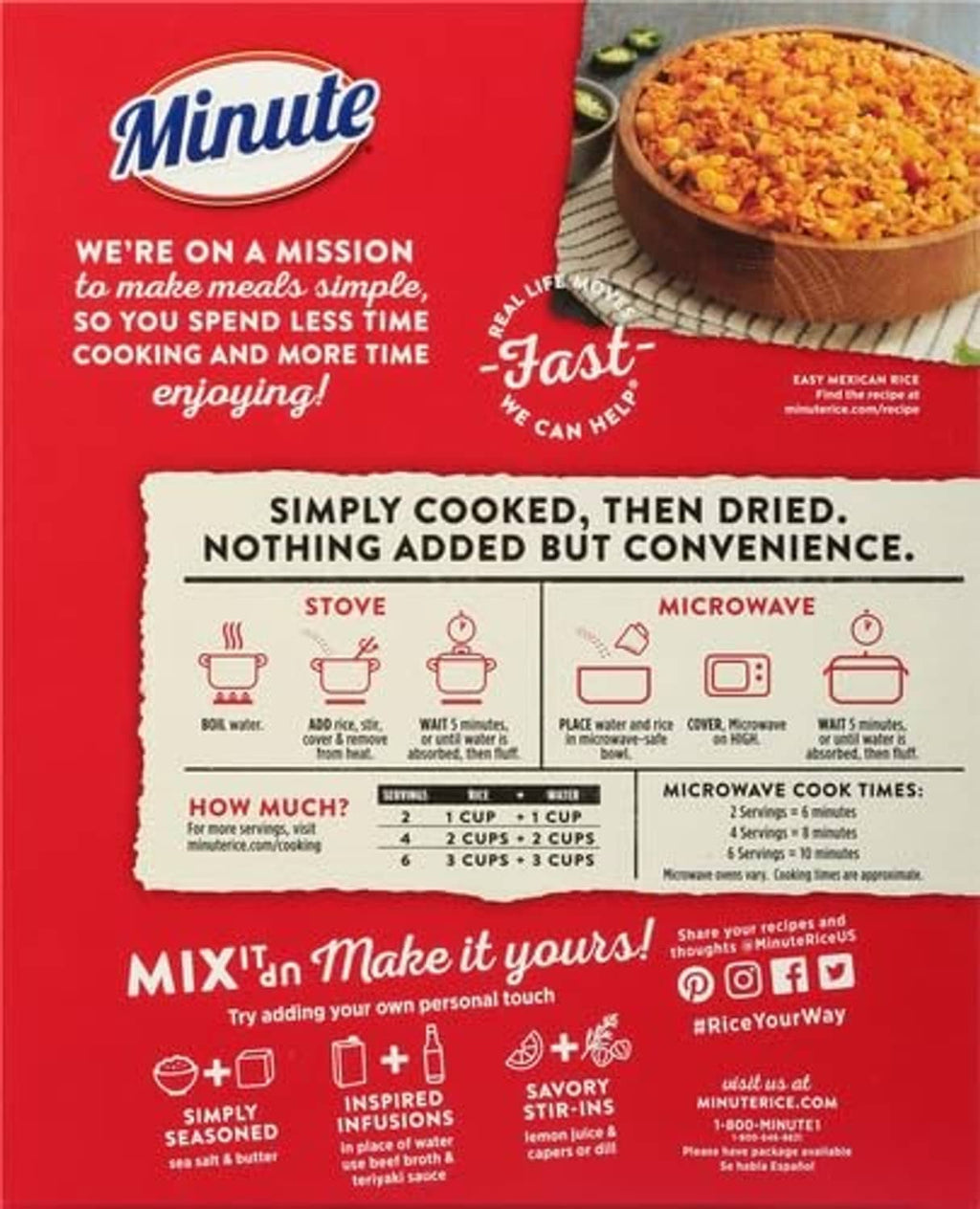 Instant white rice package showing cooking directions and convenience meal steps