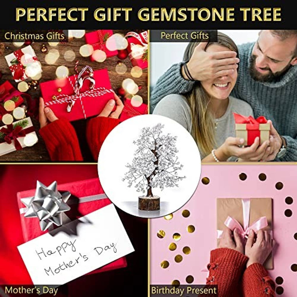 Clear quartz gemstone tree ornament with wooden base, shown in circular crop