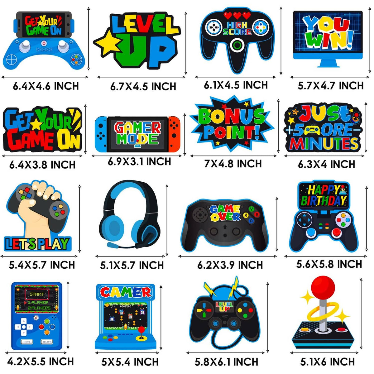 Blue video game hanging swirl and controller decoration set with 'Level Up' and 'You Win'