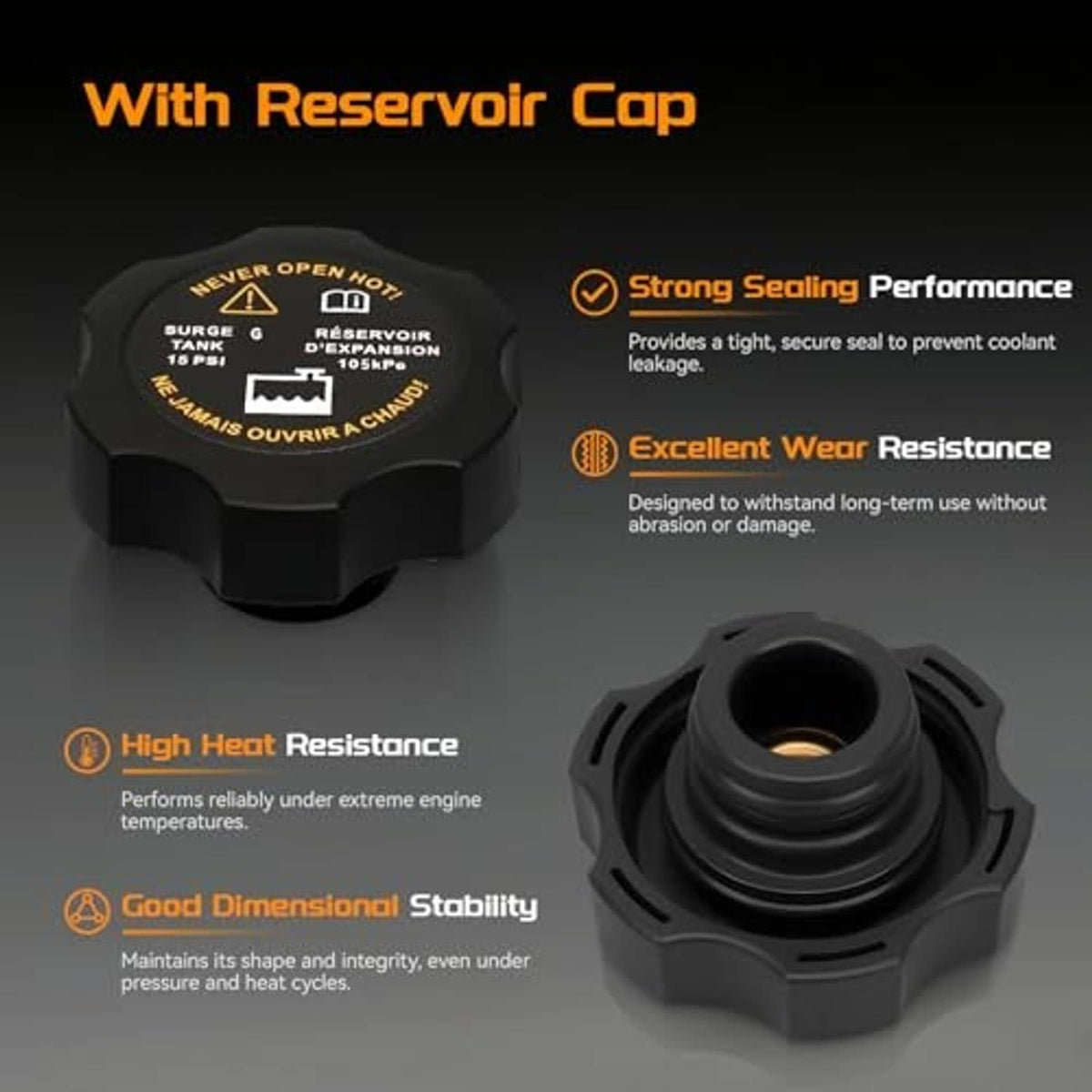Black reservoir cap and white overflow tank with hose connection for coolant recovery