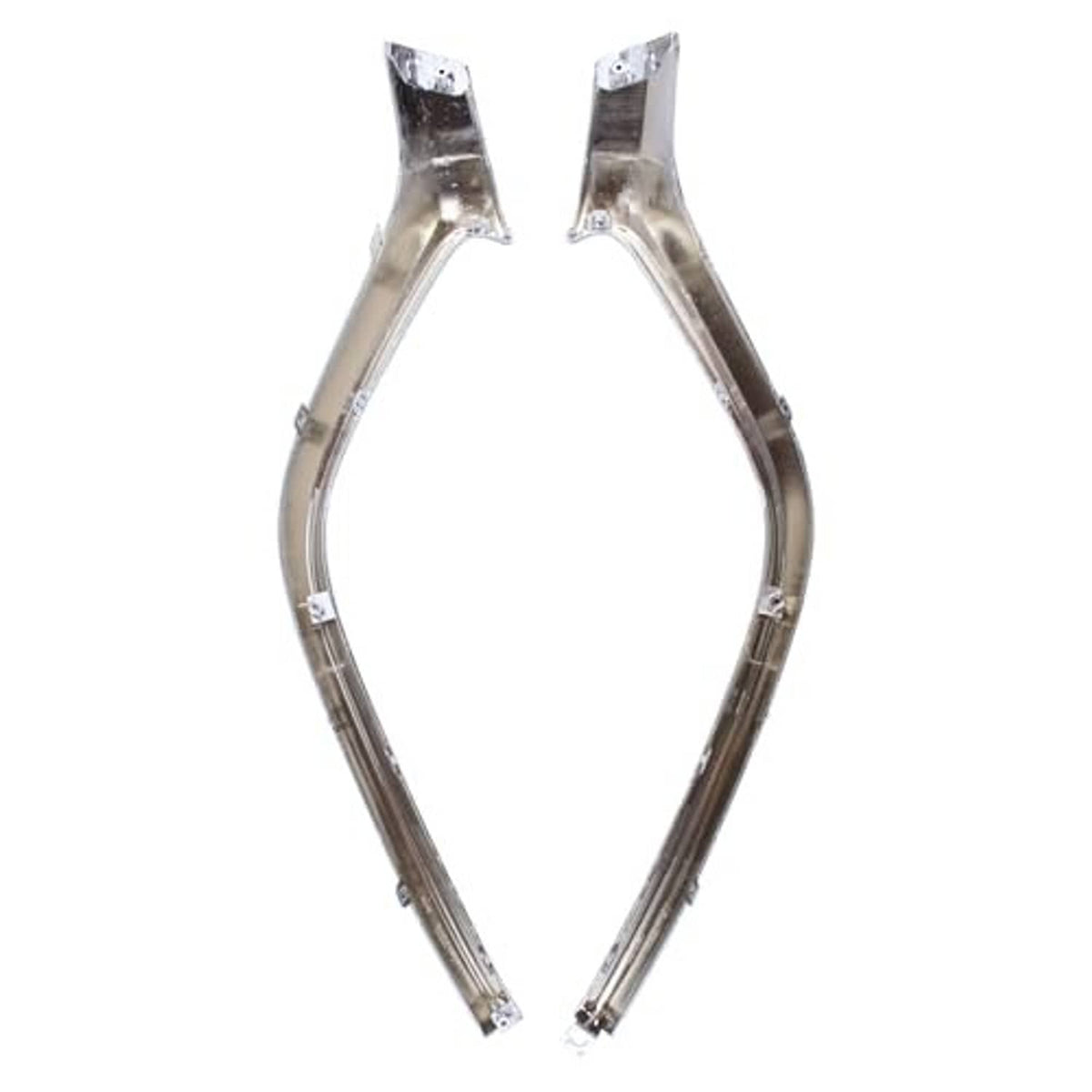 Pair of chrome grille surround frames with mounting clips on outer edges