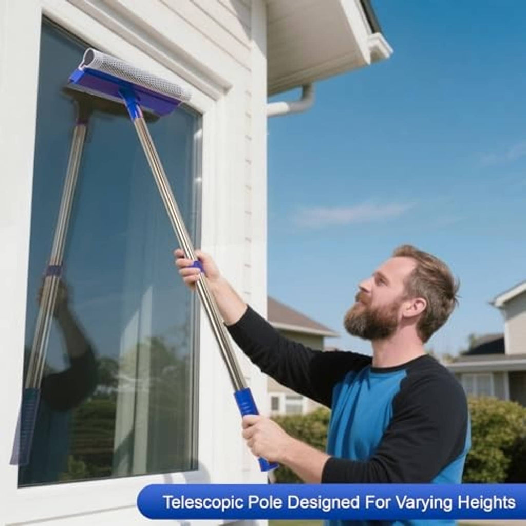 Telescopic squeegee on a window for cleaning; blue head with sponge and rubber blade