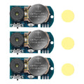 Three blue prank noise maker circuit boards with speaker and CR2032 lithium battery