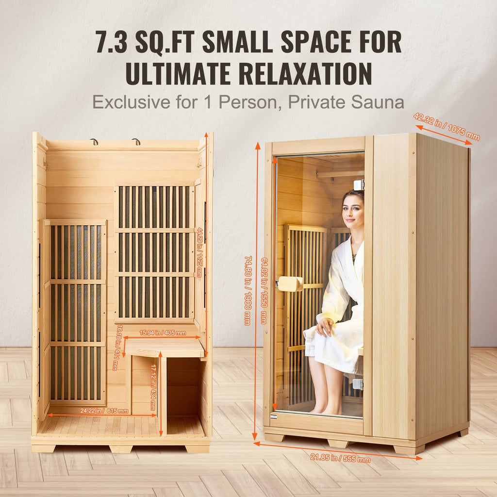 Small light wood one-person sauna with open front door and built-in bench