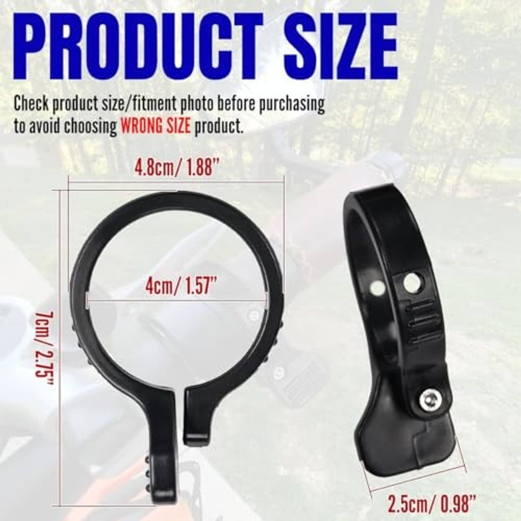 Black thumb throttle adapter with mounting strap, shown with size diagram