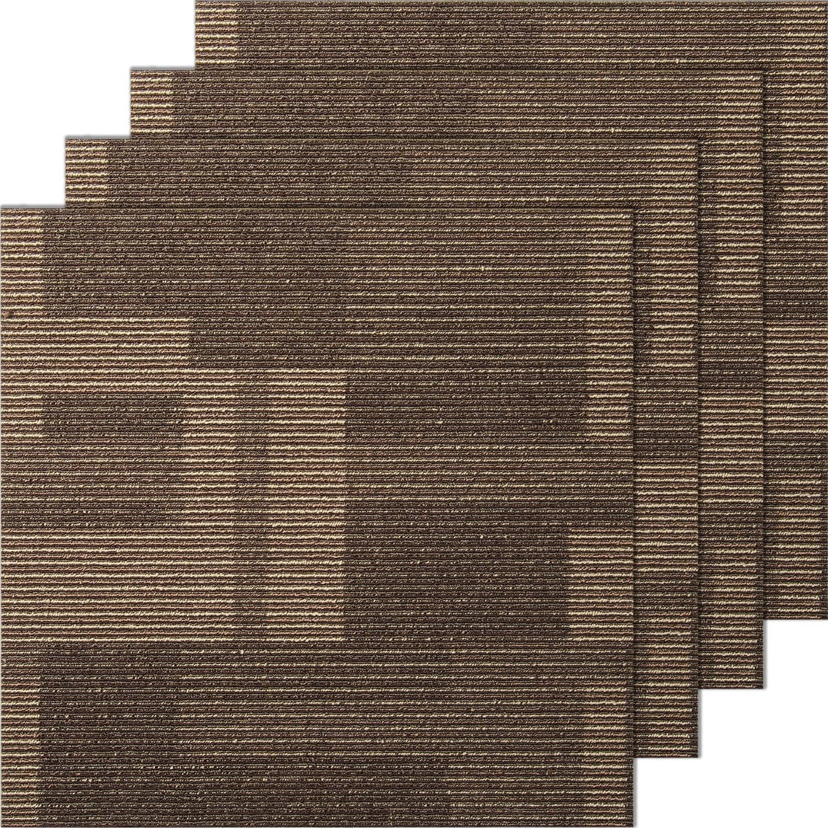 Brown woven carpet tile squares with attached backing and grid pattern