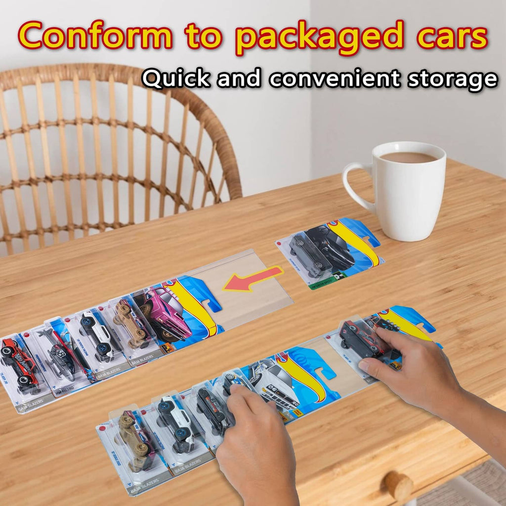 Transparent diecast display case holding multiple packaged cars on tabletop