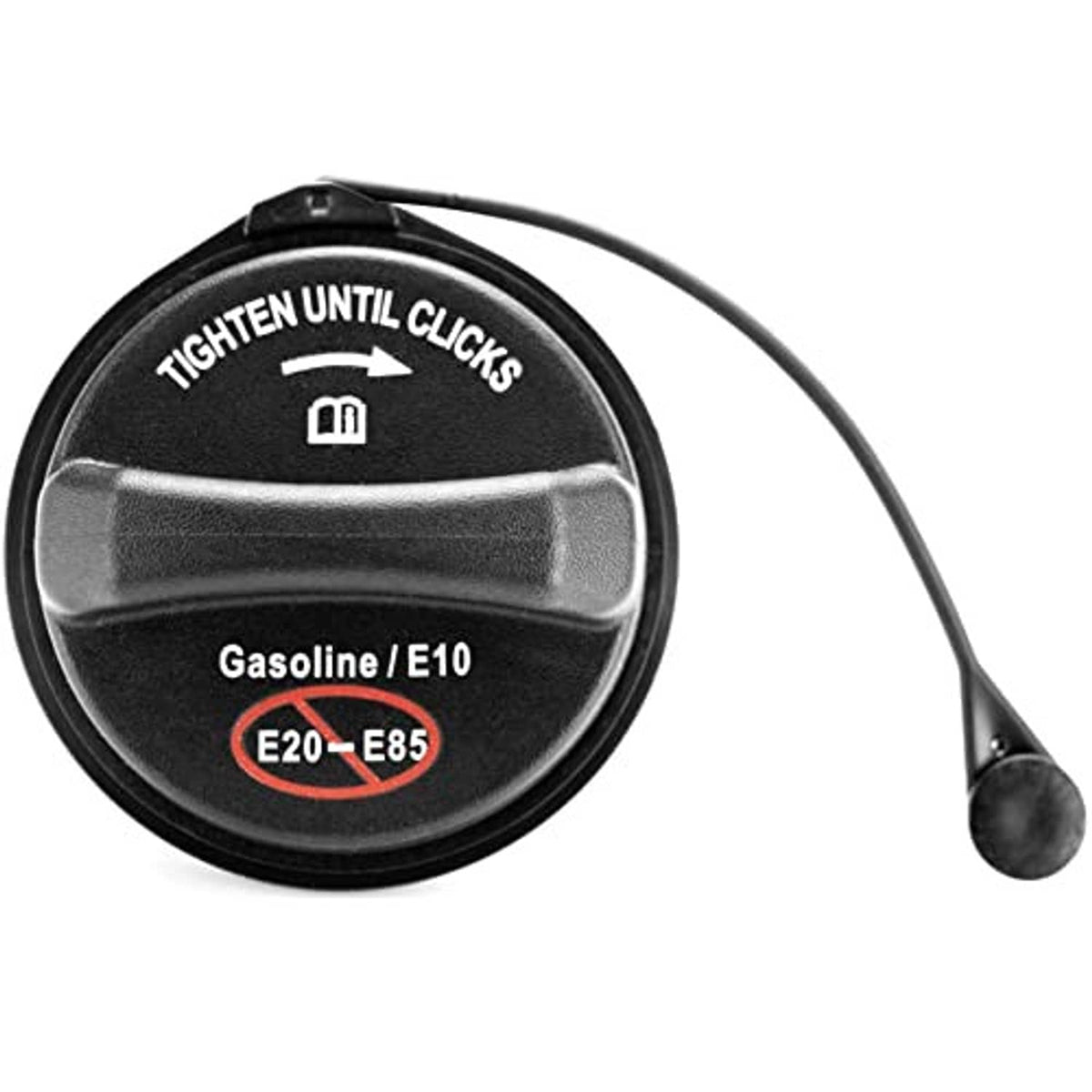 Black fuel gas cap with tether and “TIGHTEN UNTIL CLICKS” text over “Gasoline/E10”
