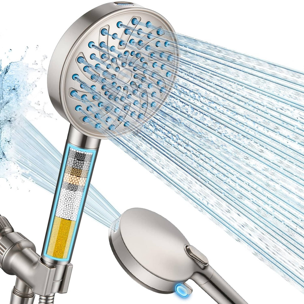 Brushed nickel handheld shower head with round spray face and streaming water