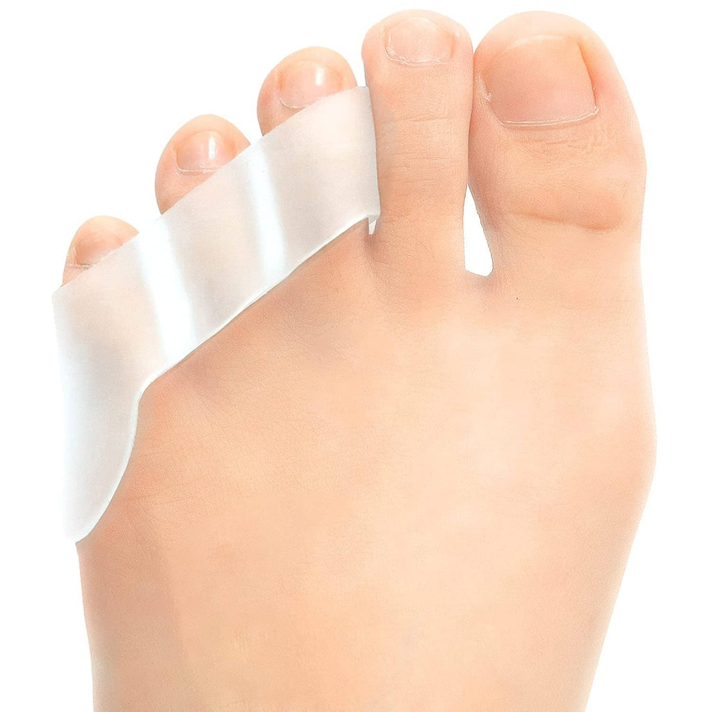 Silicone pinky toe separator, clear curved spacer sleeve on a small toe