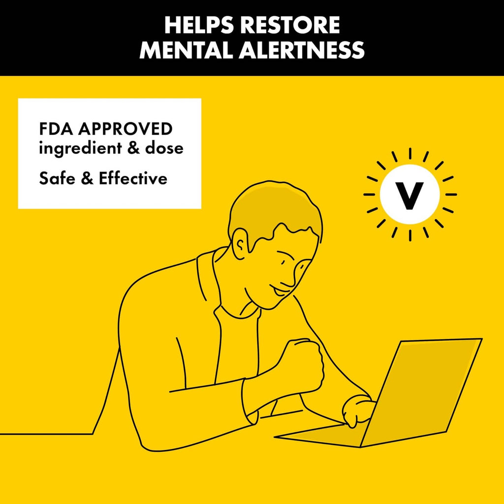 Caffeine alertness aid marketing graphic with FDA-approved ingredient label