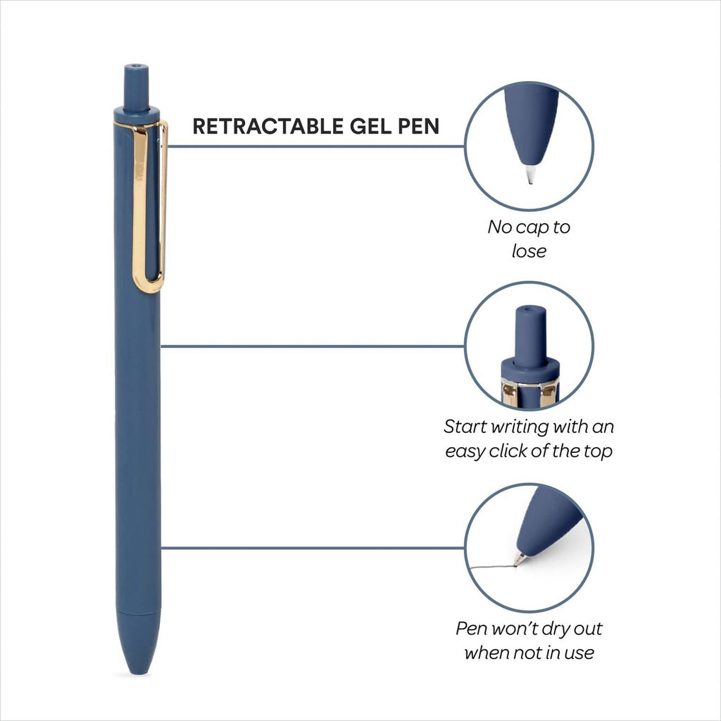 Blue retractable gel pen with no cap, easy top click; won’t dry out