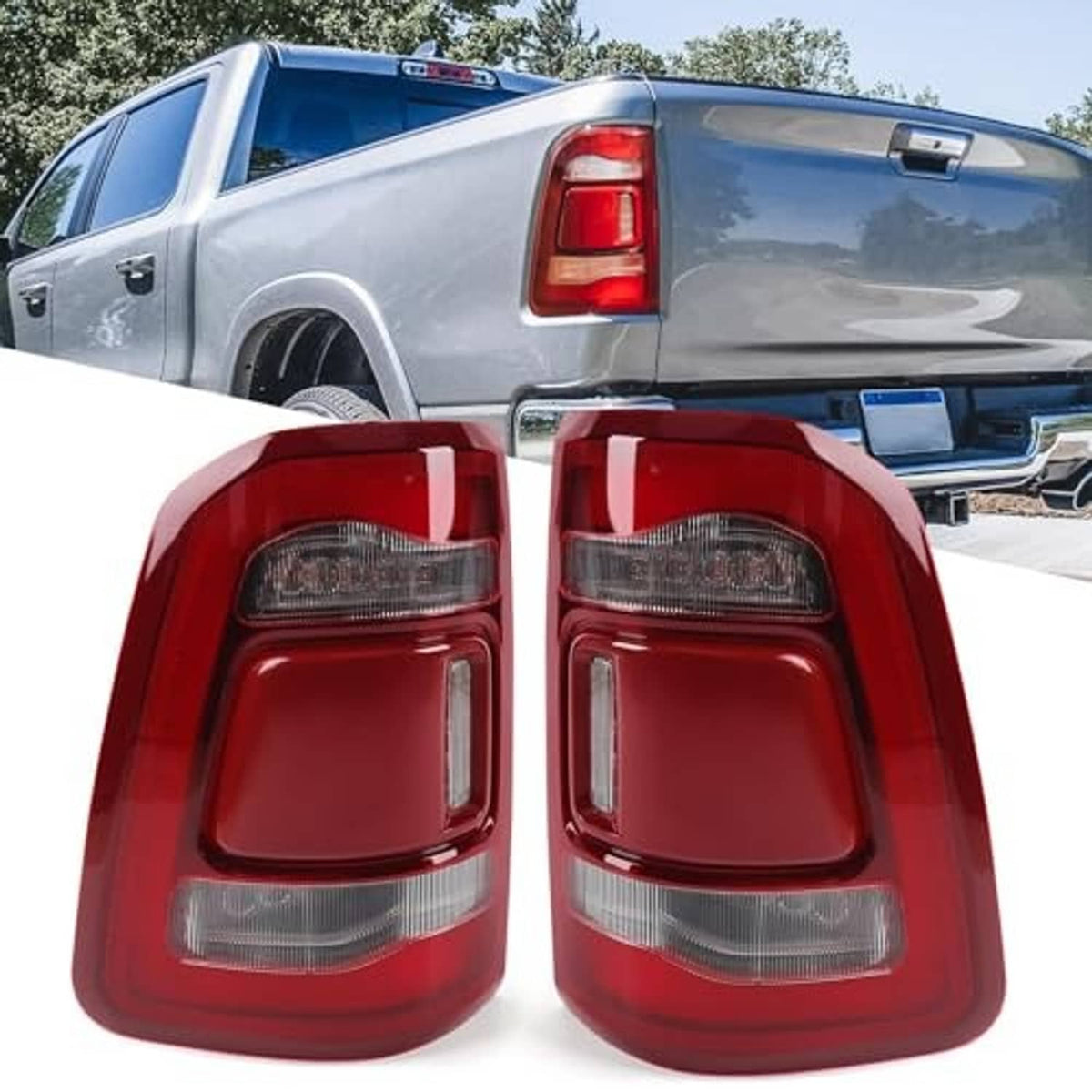 Two red rear tail light assemblies with clear lenses and chrome trim