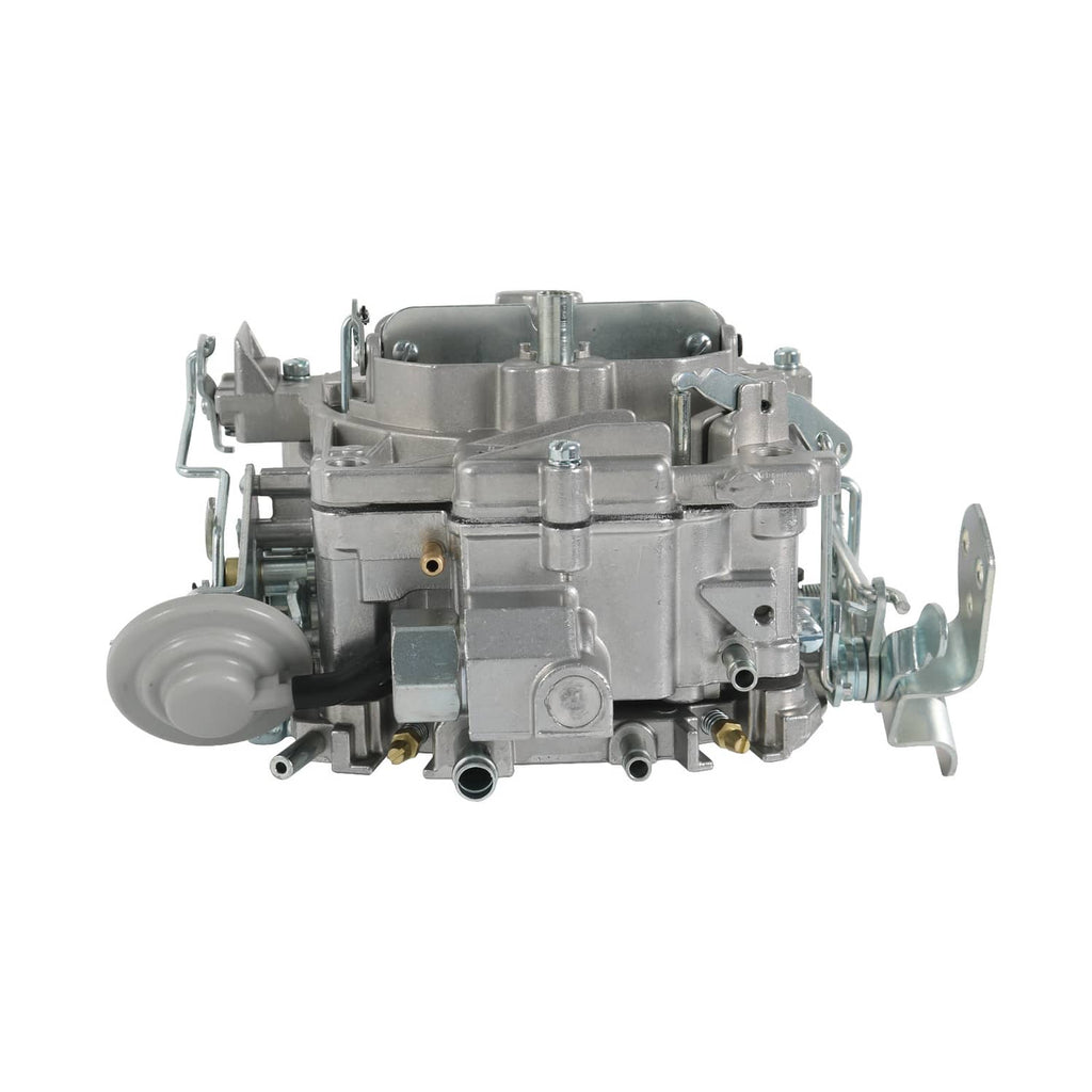 Carburetor side view with fuel inlet fittings and bracketed vacuum connection