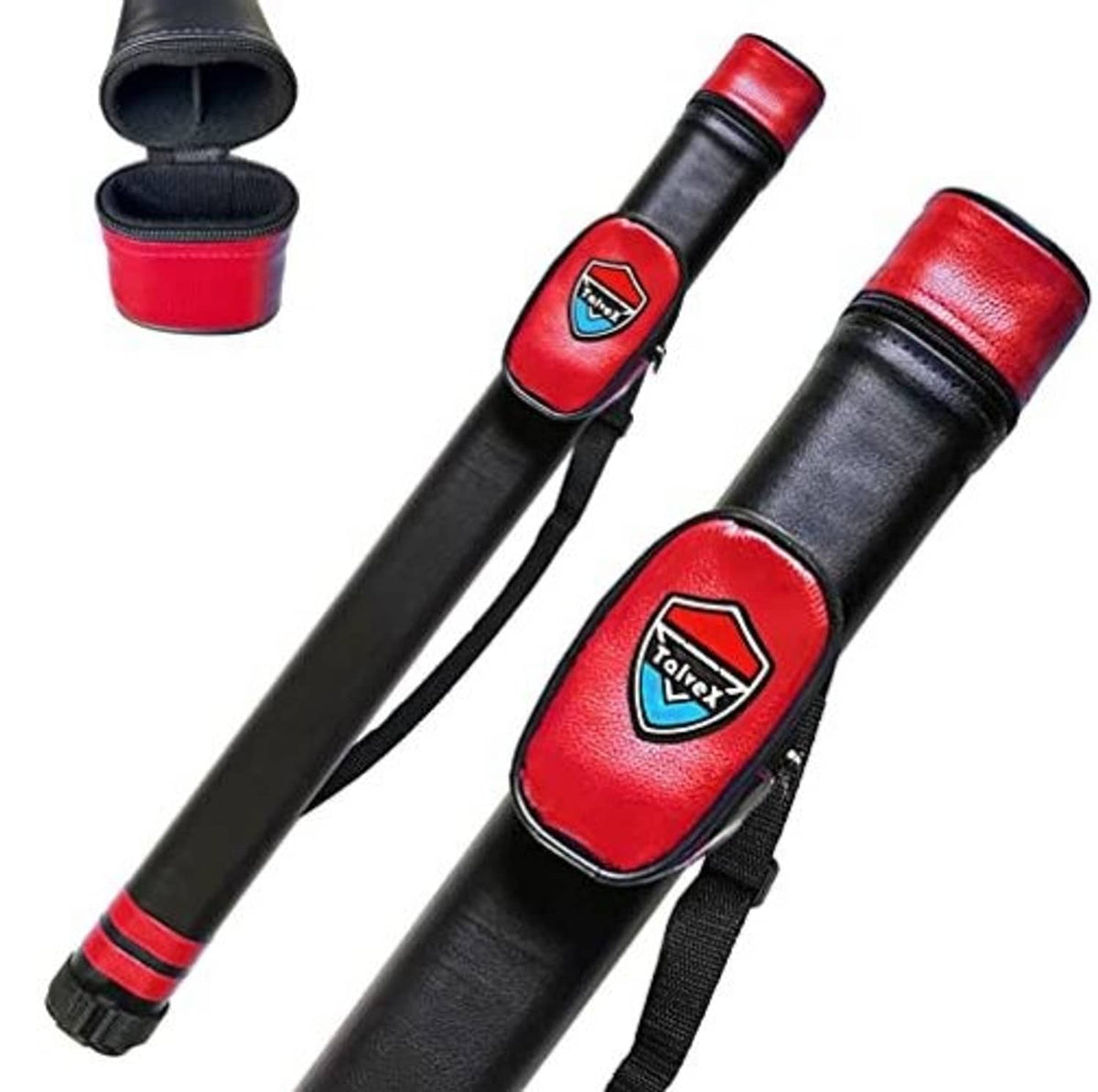 Hard pool cue case, black with red cue-tip end sleeve and two red Velcro straps