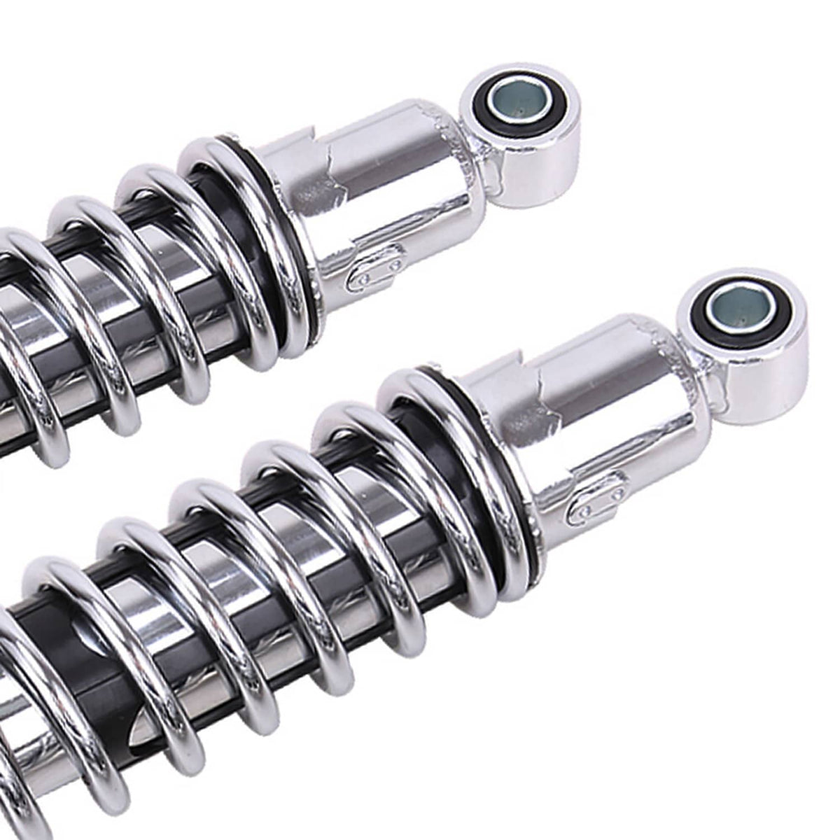 Set of chrome rear shocks with black coil springs, threaded rod, and eyelet mount