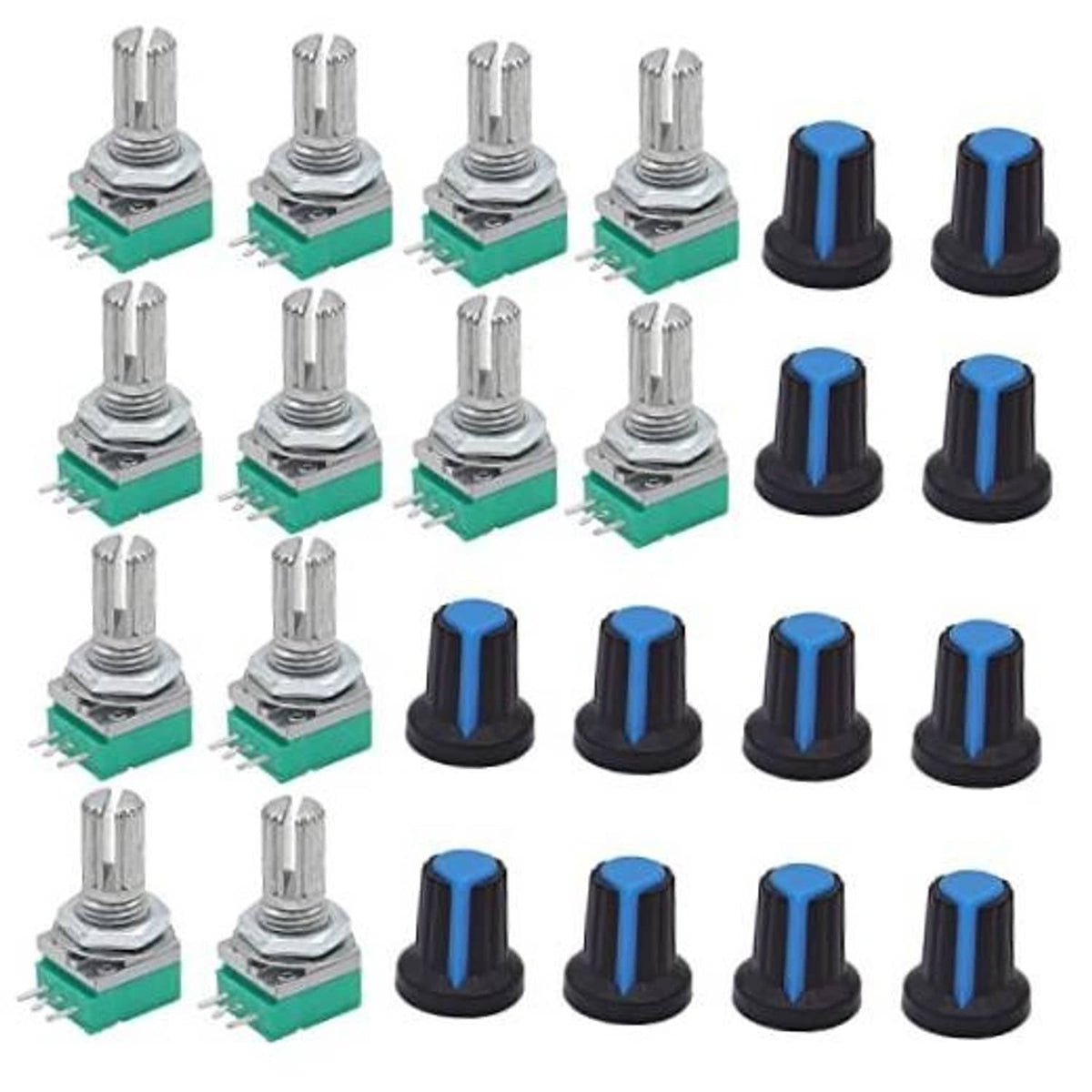 Rotary potentiometer set with silver pins, green base, blue and black knobs (12 pcs).