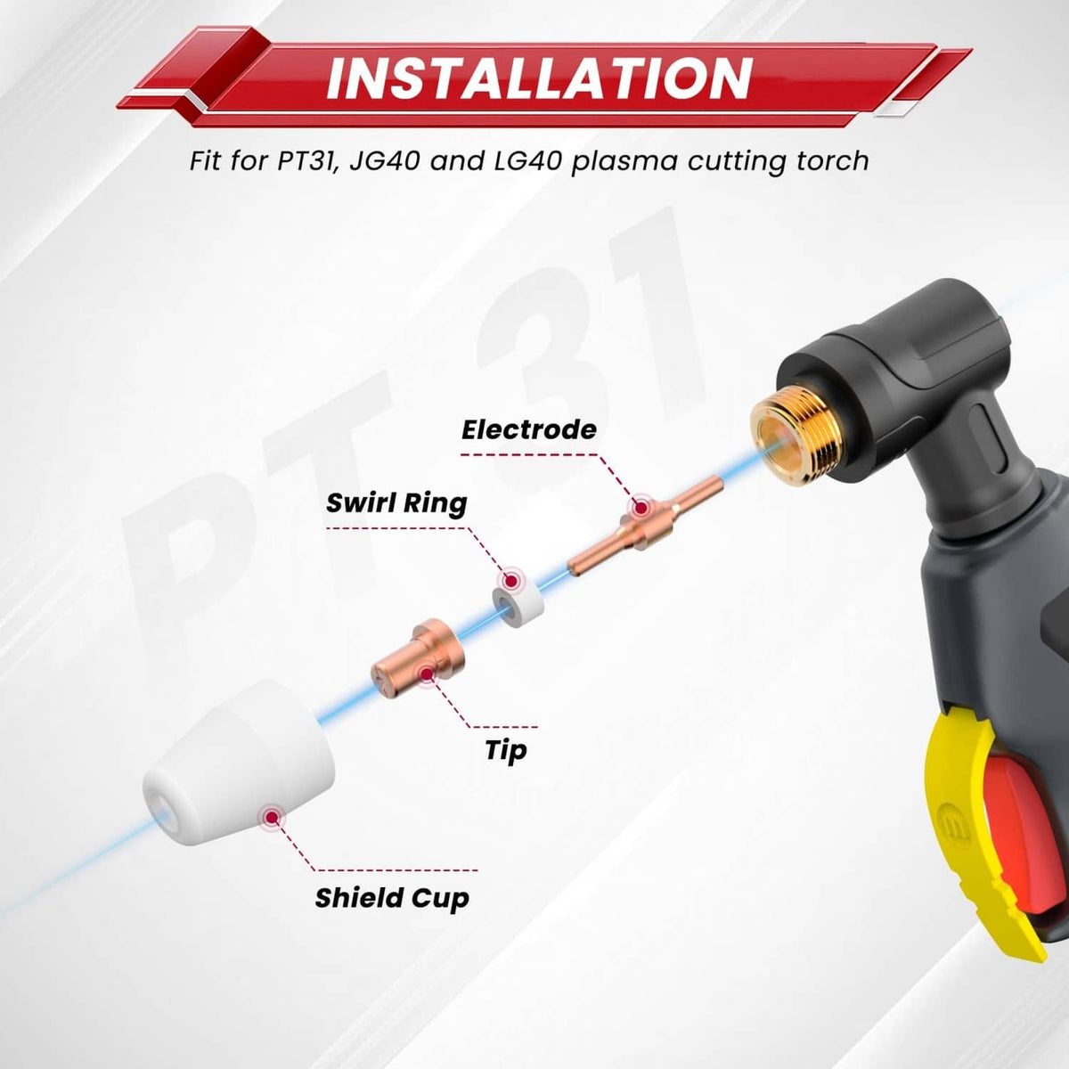 Plasma cutter consumable installation parts: electrode, swirl ring, tip, and shield cup