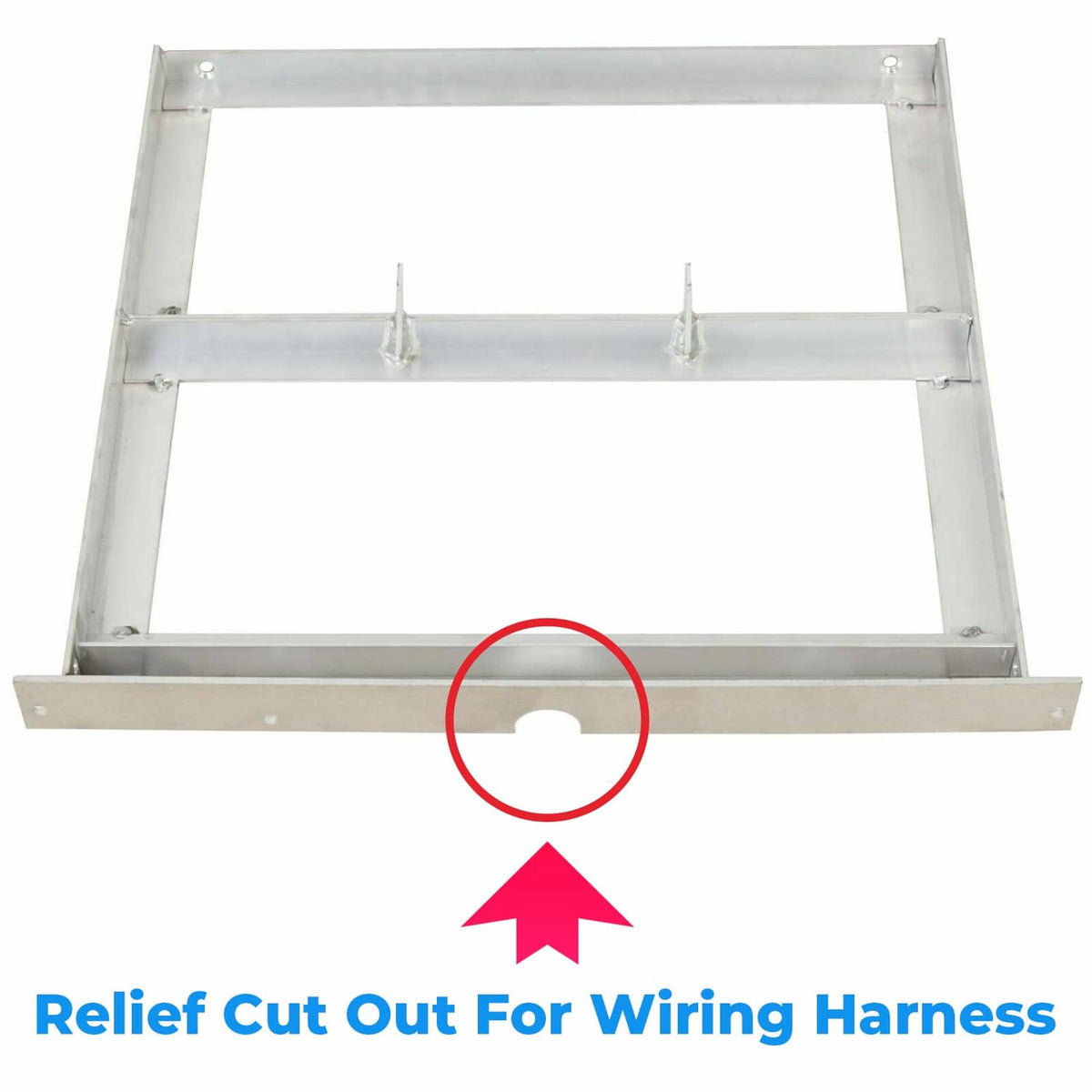 Aluminum battery tray frame with wiring harness relief cut-out and center notch