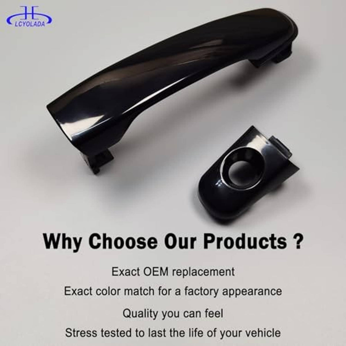 Front exterior door handle, dark textured finish with round key cylinder opening