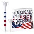 White golf tee with star-and-stripe band and forked head, upright view
