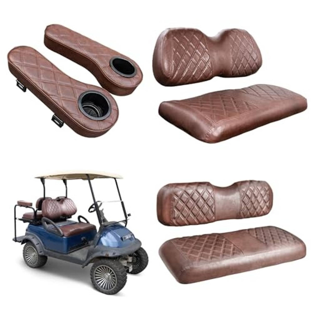 Brown quilted golf cart seat cover set with two base cushions and backrest pads