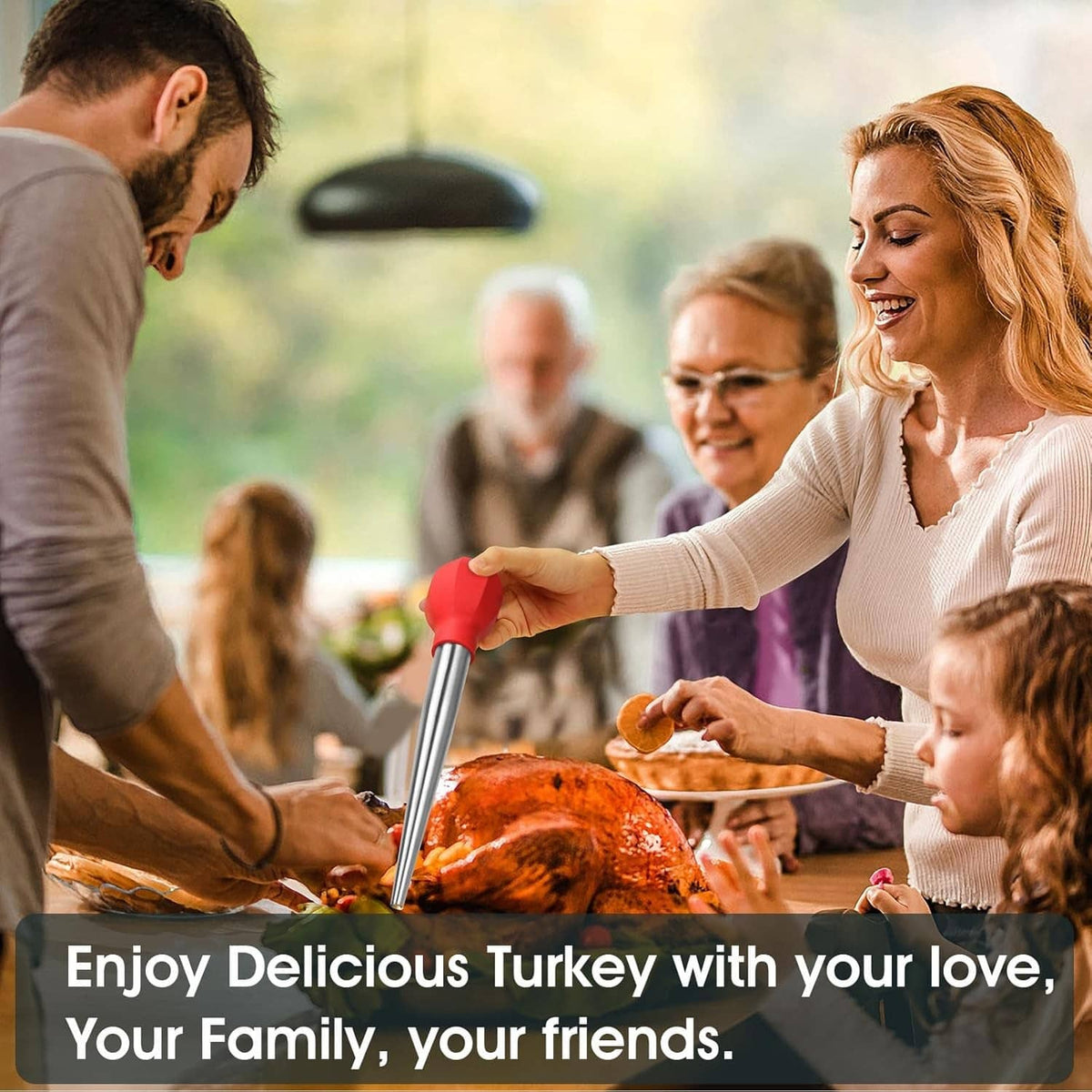 Handheld turkey baster with red bulb head and stainless injector tube for basting