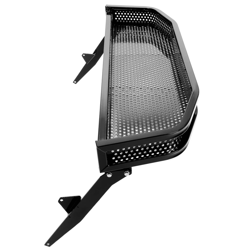 Black perforated front basket with support bars and mounting brackets