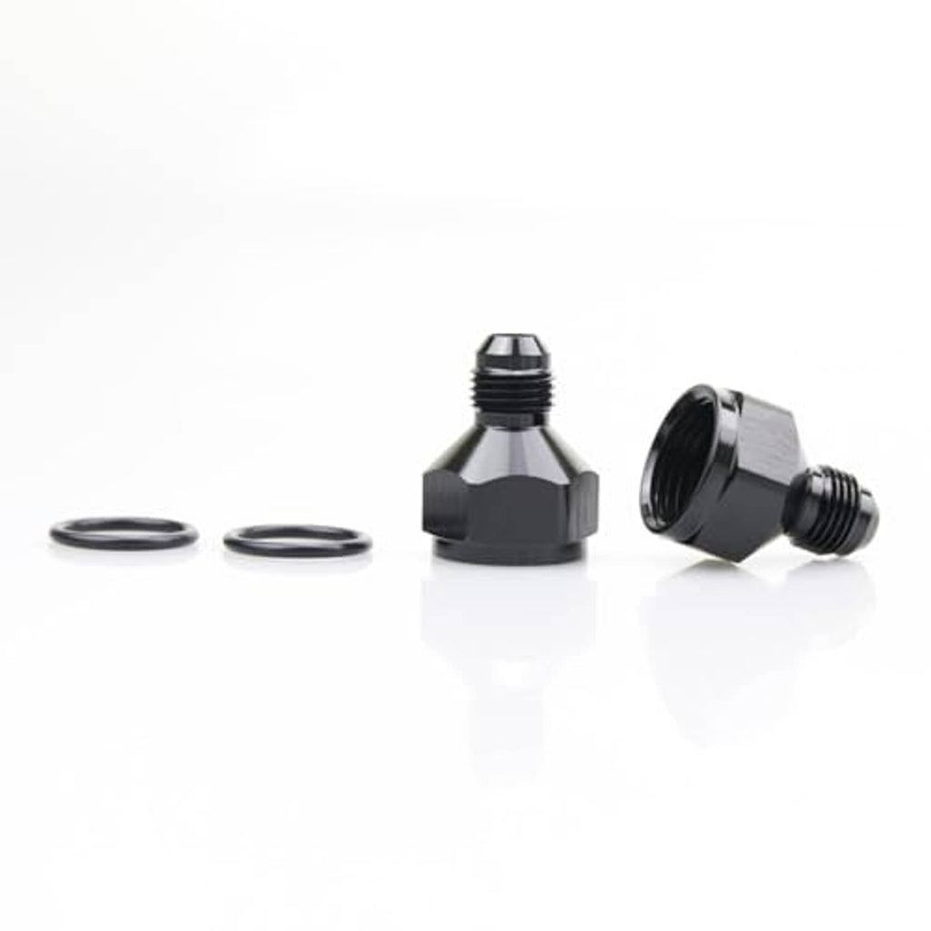 Aluminum AN reducer adapter set with two black O-rings and two threaded hex ends