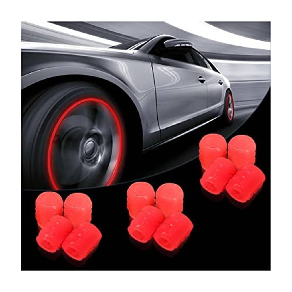Red luminous tire valve stem caps set shown beside a wheel with red glowing ring
