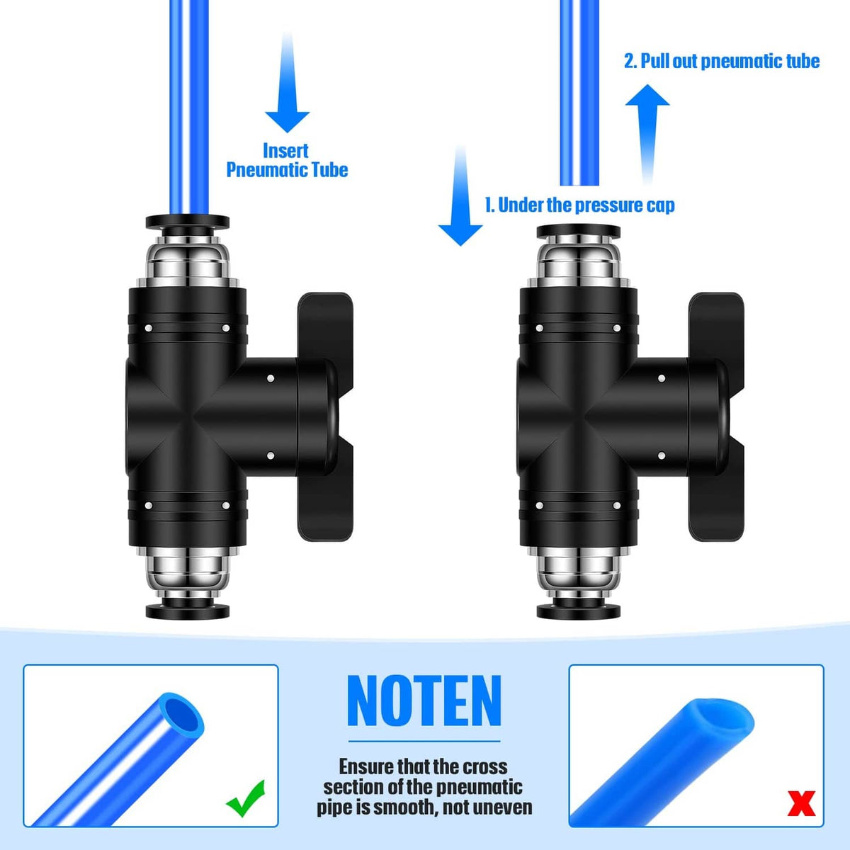 Black pneumatic push-to-connect fitting with tube insertion and removal steps