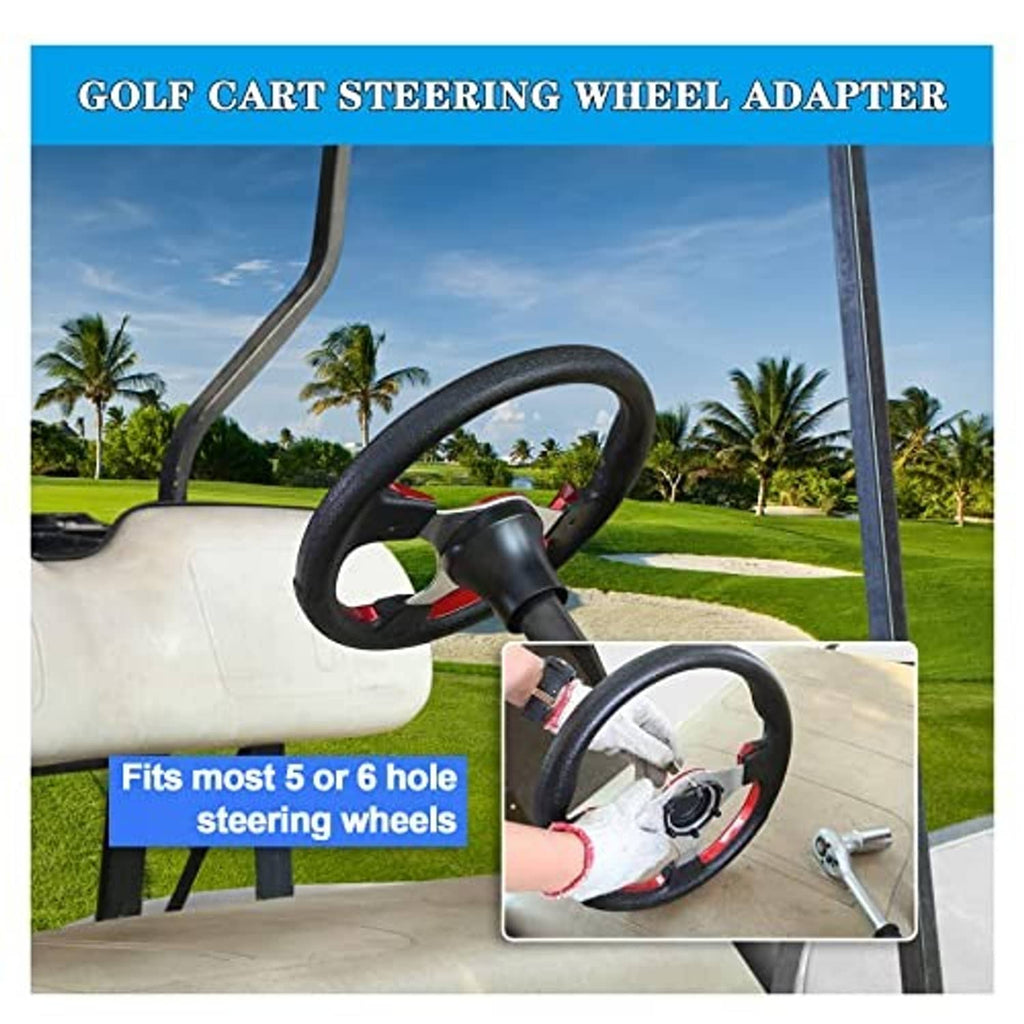 Black steering wheel adapter installed on a golf cart steering wheel and column