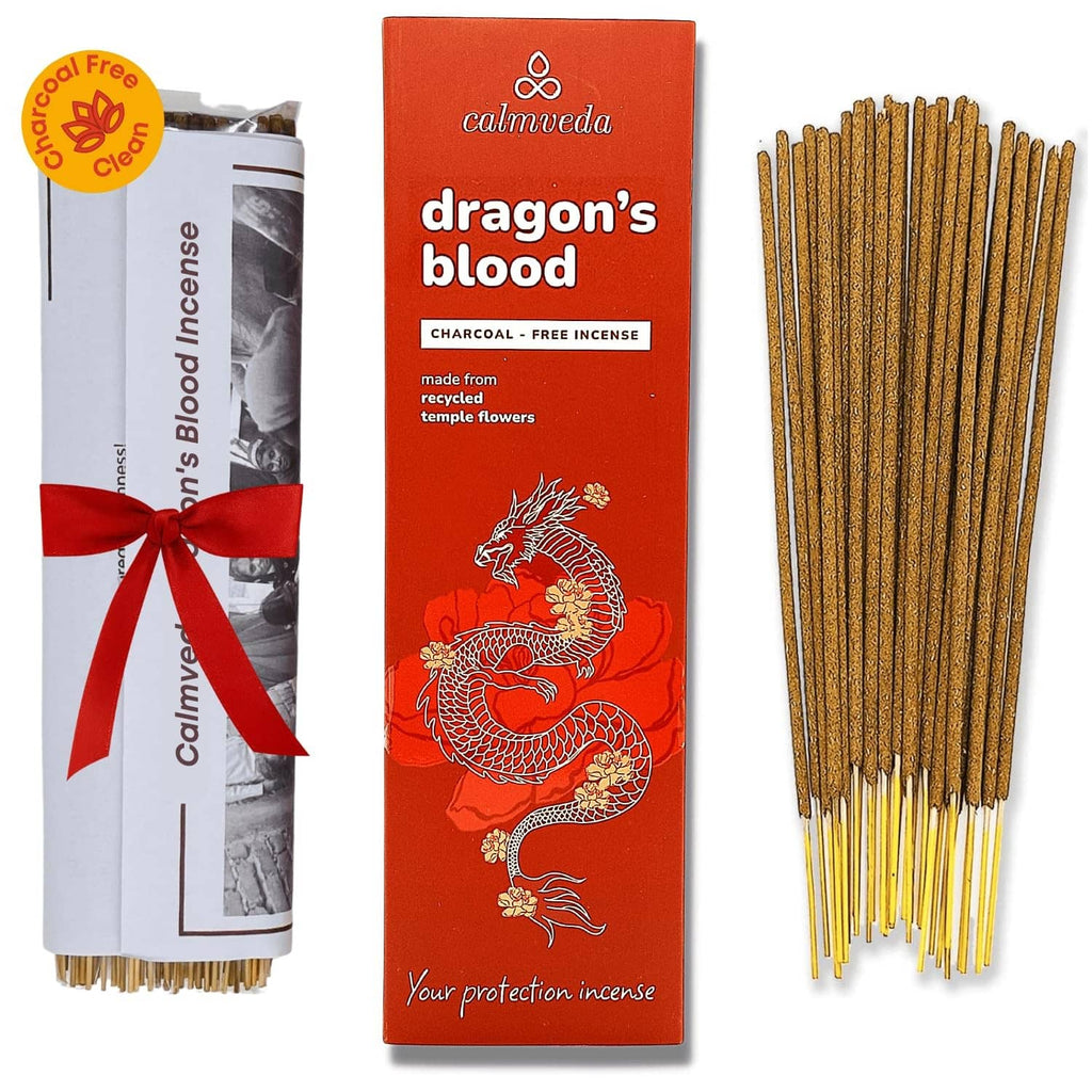 Red dragon’s blood incense sticks pack with dragon illustration; brown incense sticks bundle