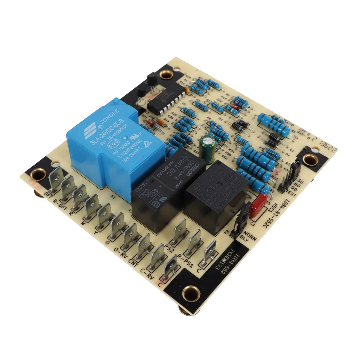 Defrost control board circuit board with blue relay block and capacitors