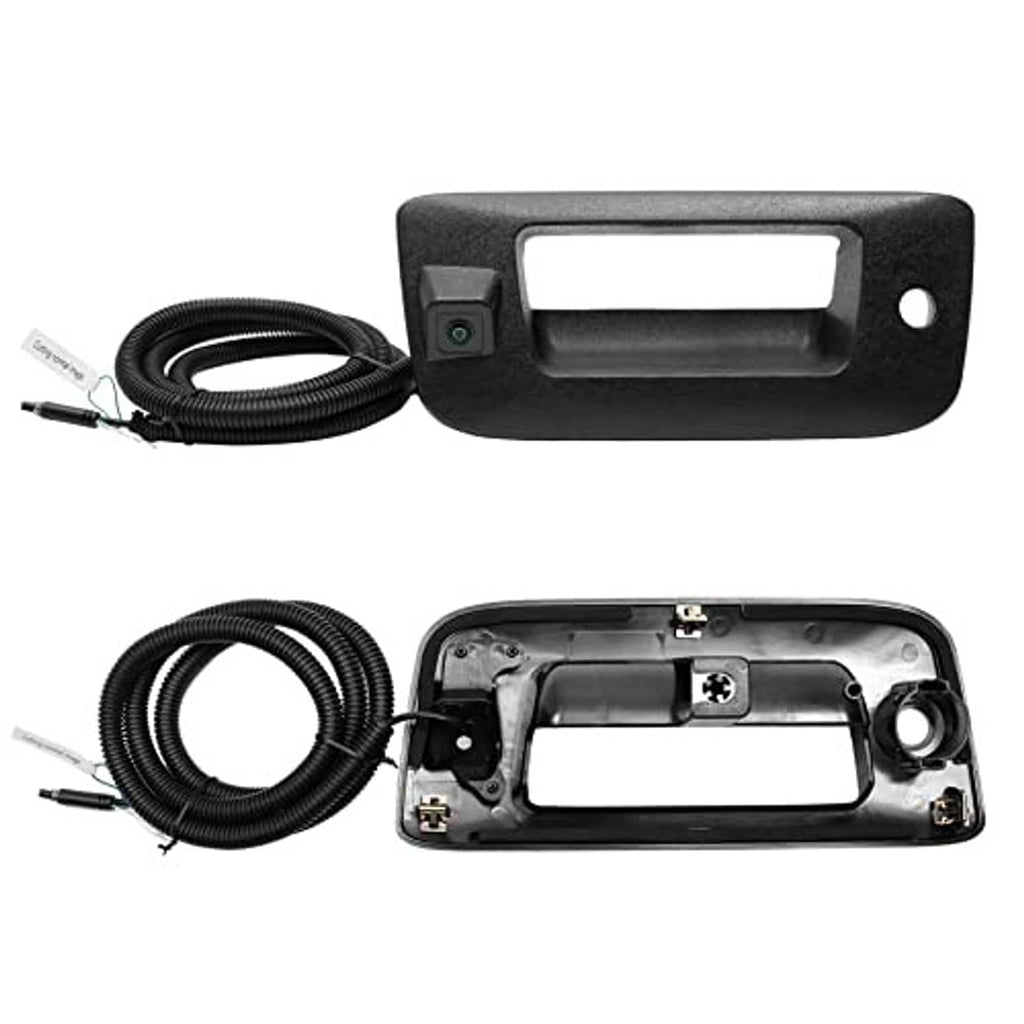 Back up camera tailgate handle kit with camera module, screws, and wiring cable