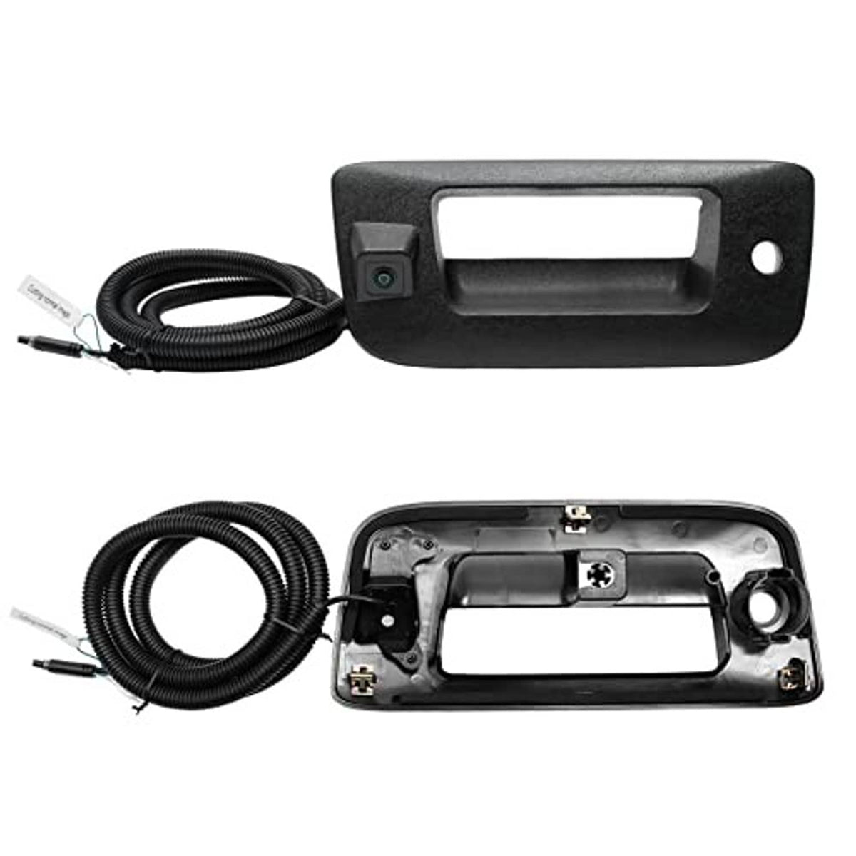 Back up camera tailgate handle kit with camera module, screws, and wiring cable