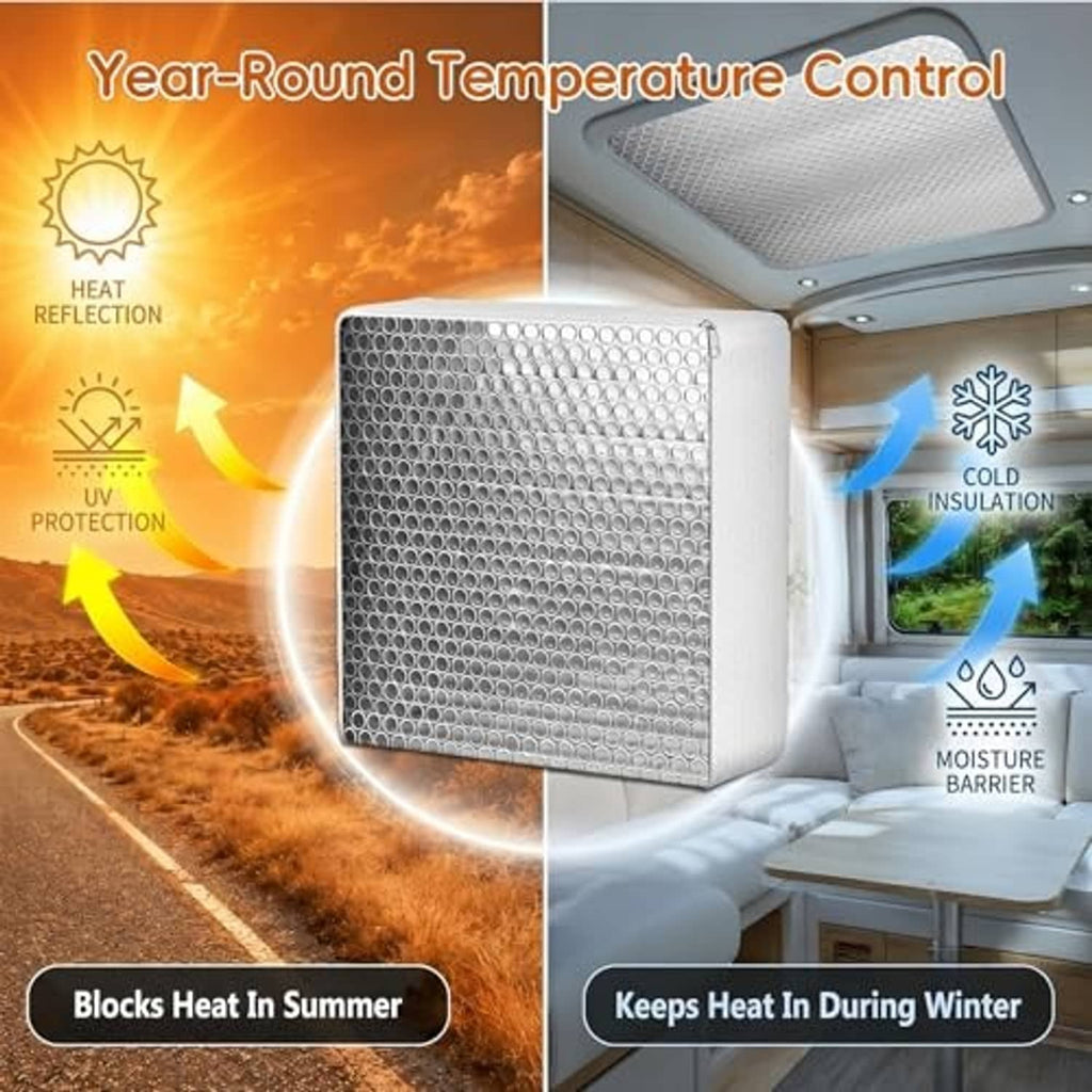 Zippered RV vent insulator cover panel with reflective bubble-foil surface and white foam