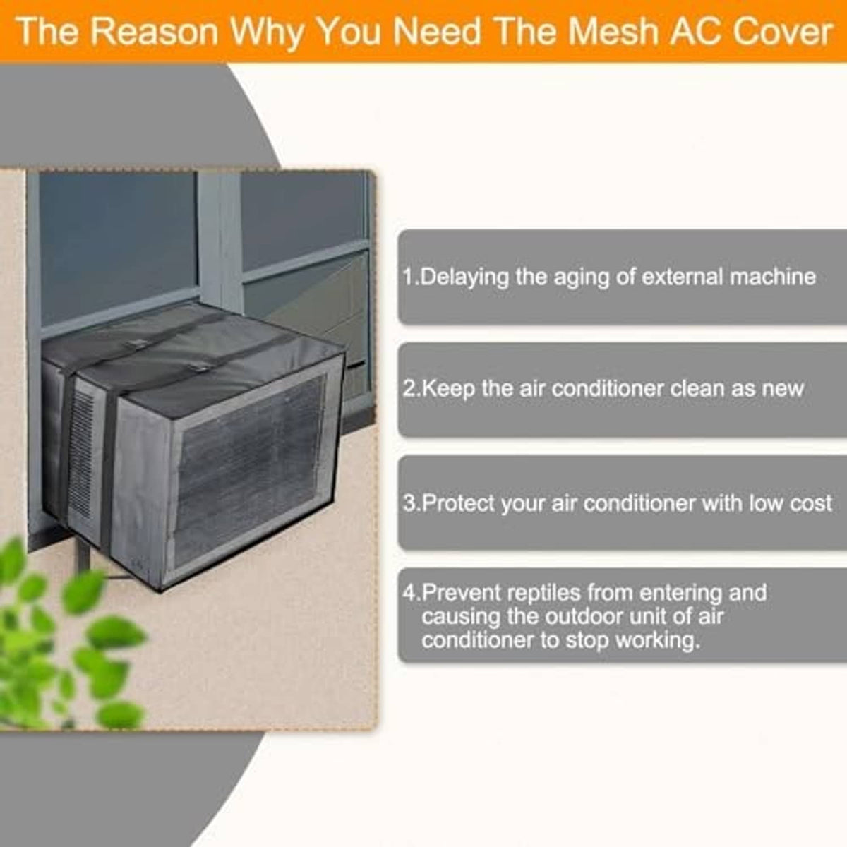 Mesh AC cover over window unit, secured with top straps for outdoor protection