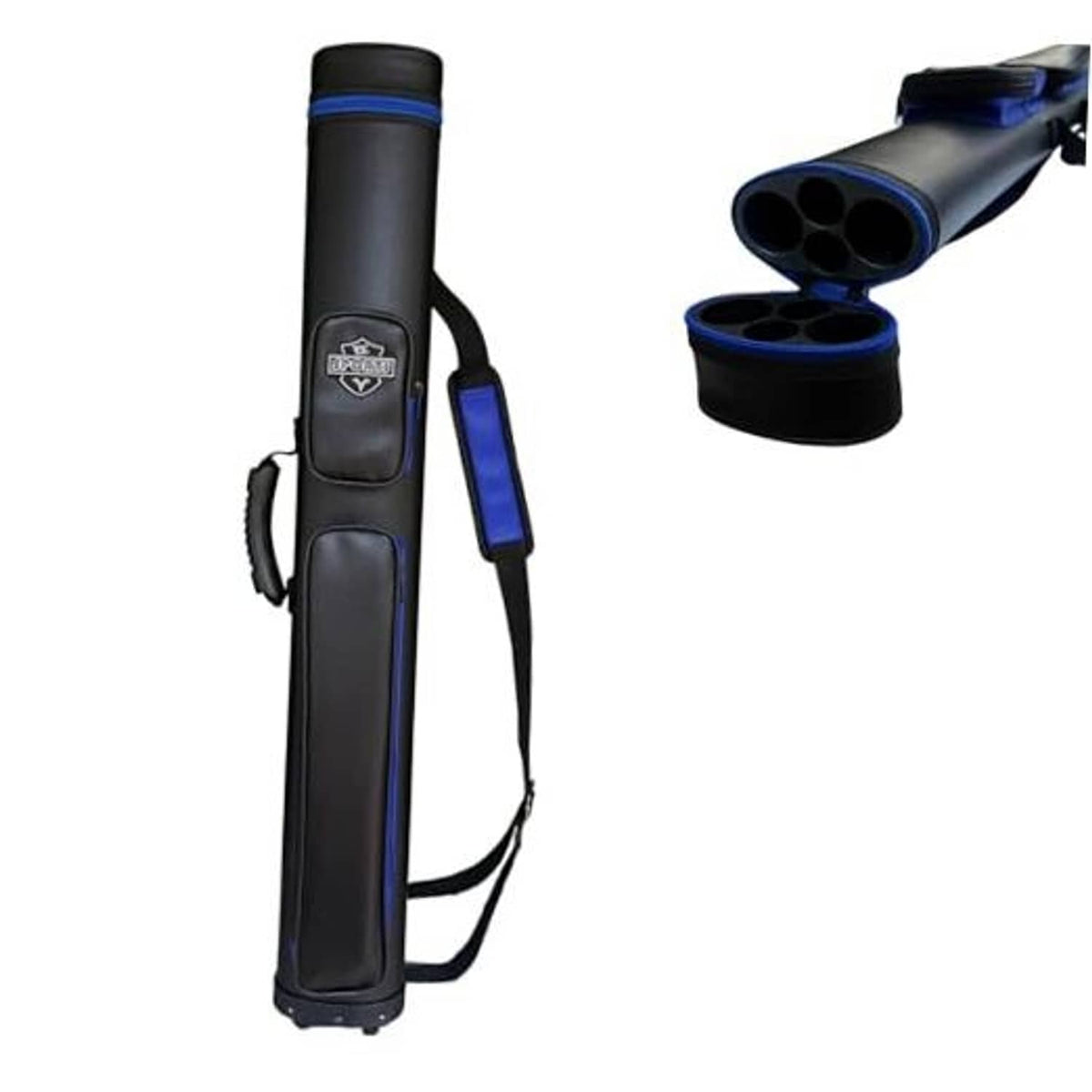 Black oval hard-shell pool cue case with blue trim and carry strap