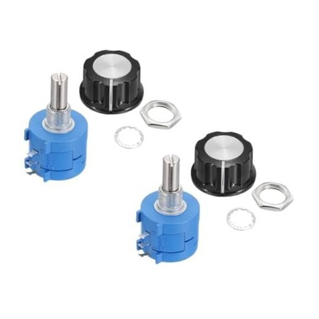 Rotary multi-turn potentiometer set, blue housings with black knobs and hardware