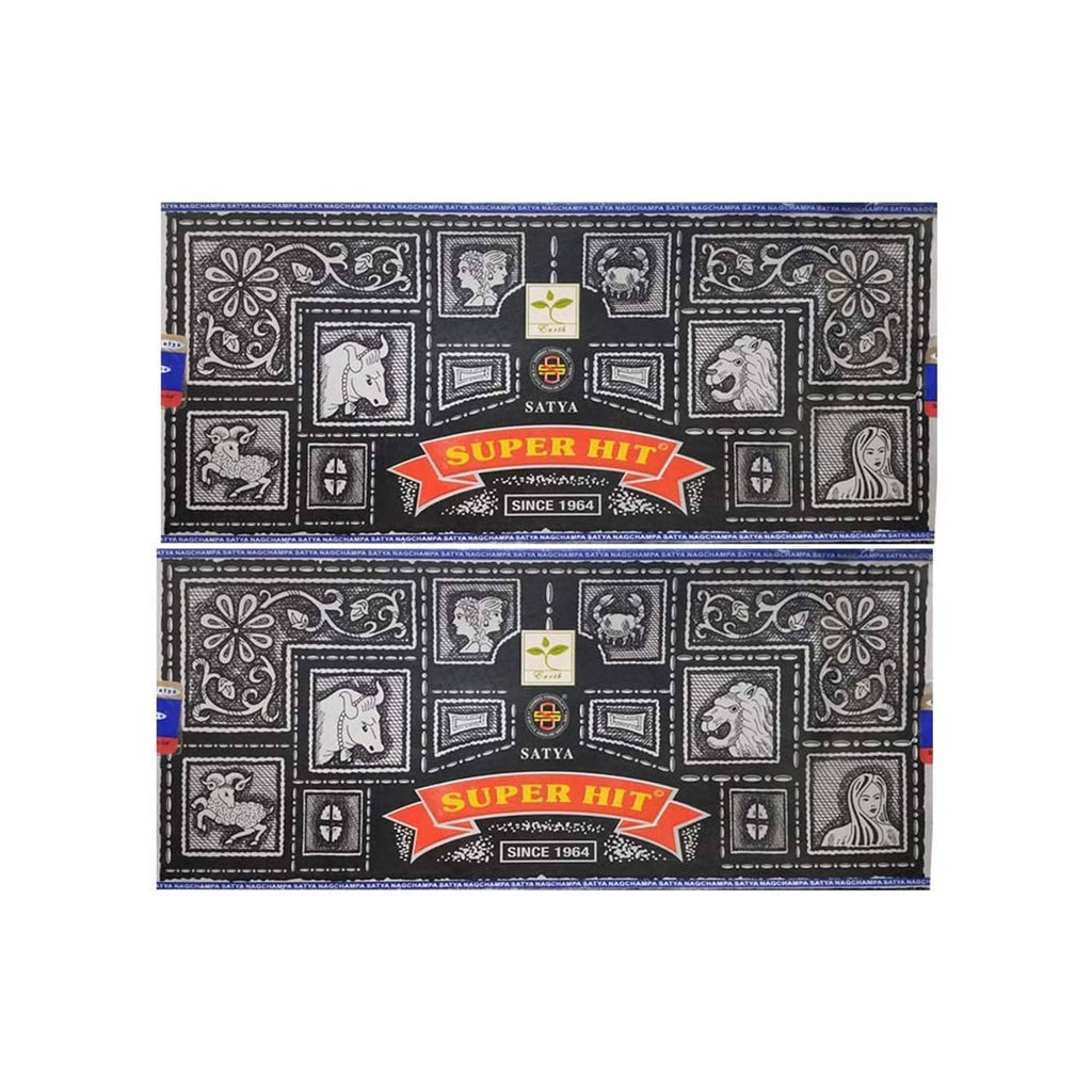Satya Super Hit incense boxes with dark patterned design and red label