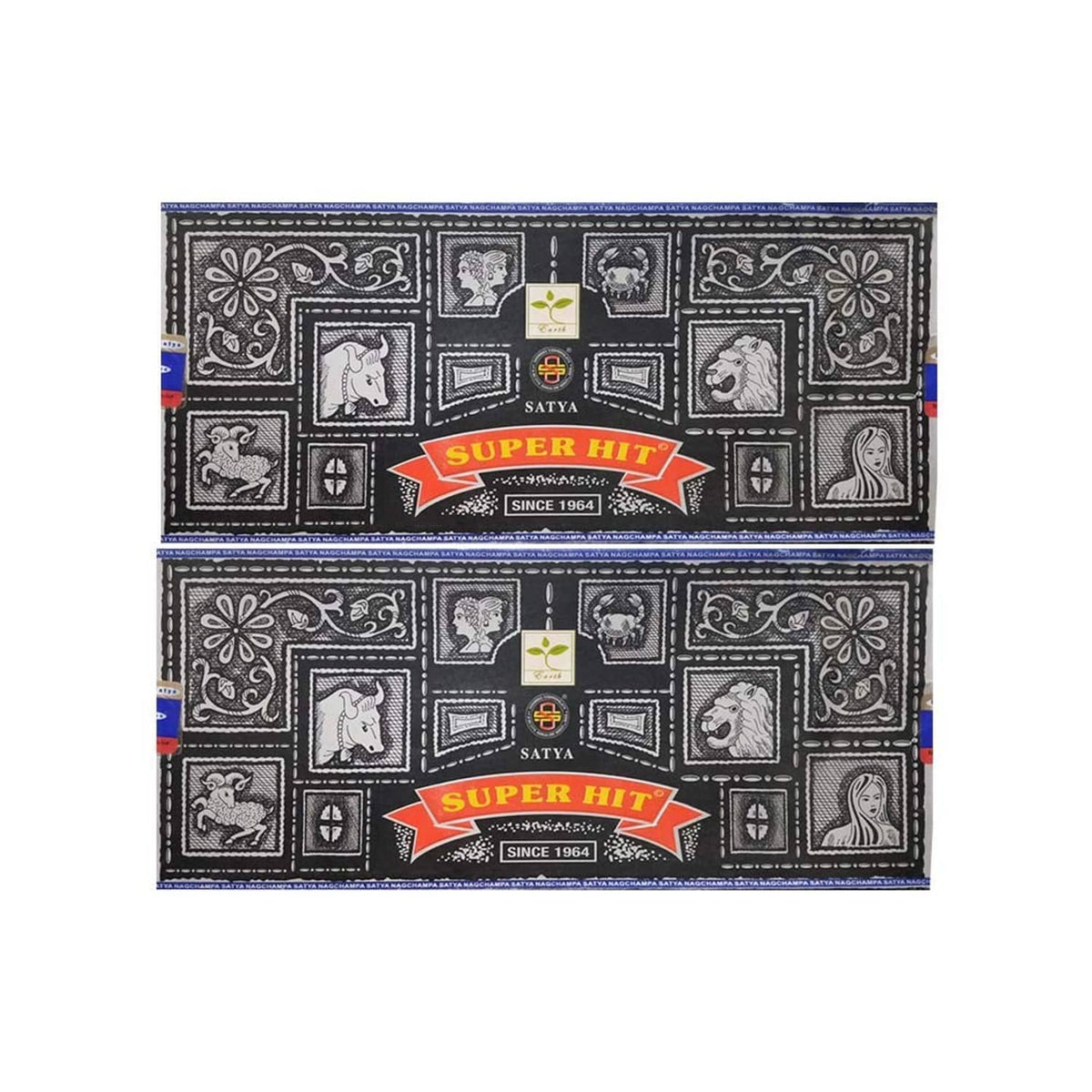 Satya Super Hit incense boxes with dark patterned design and red label